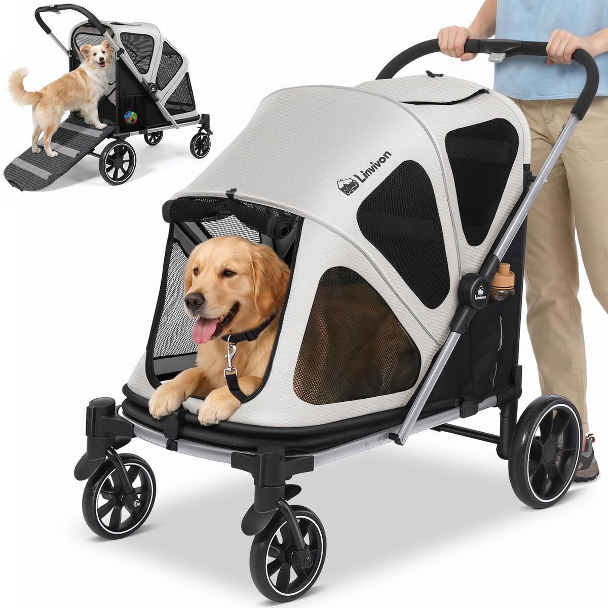 Foldable Dog Stroller with Ramp – All-Terrain Pet Wagon for Dogs Up to 88 lbs