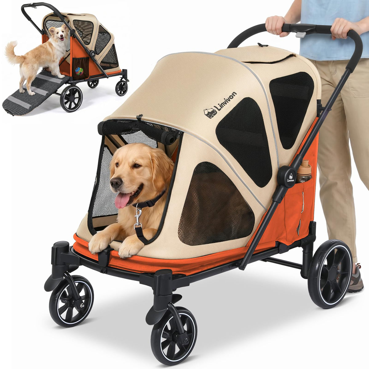 Foldable Dog Stroller with Ramp – All-Terrain Pet Wagon for Dogs Up to 88 lbs