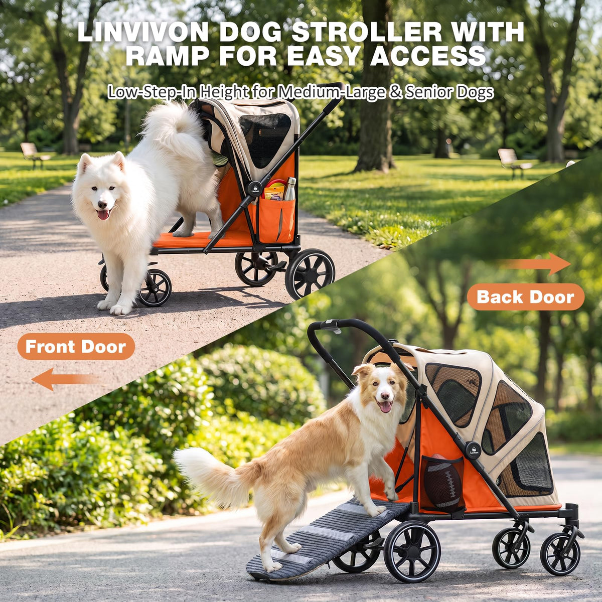 Foldable Dog Stroller with Ramp – All-Terrain Pet Wagon for Dogs Up to 88 lbs