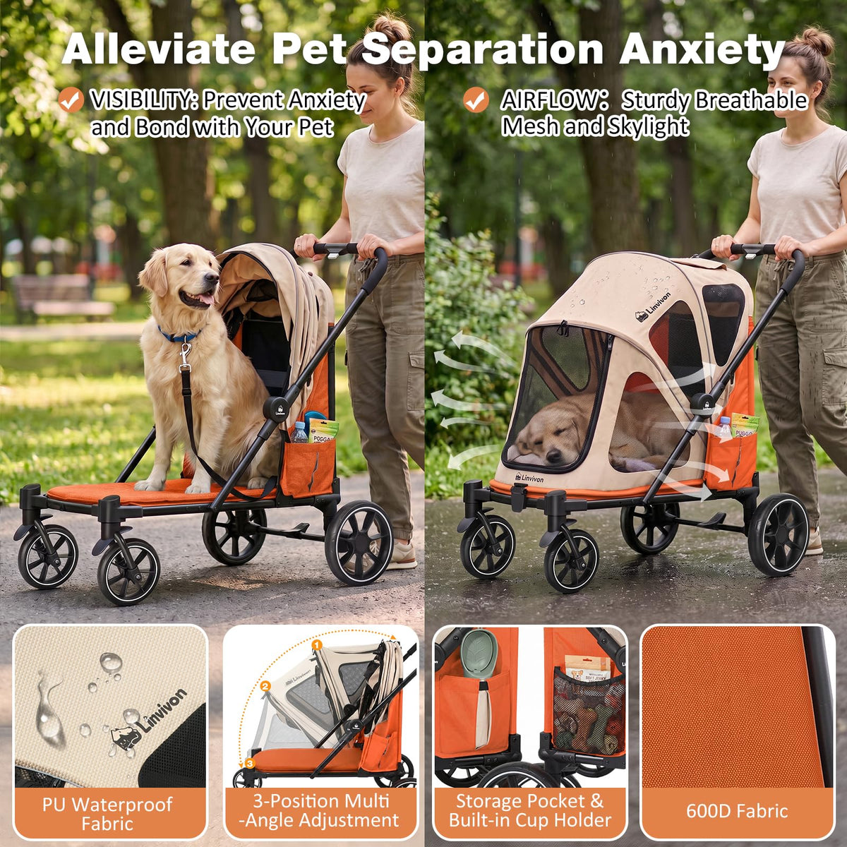 Foldable Dog Stroller with Ramp – All-Terrain Pet Wagon for Dogs Up to 88 lbs